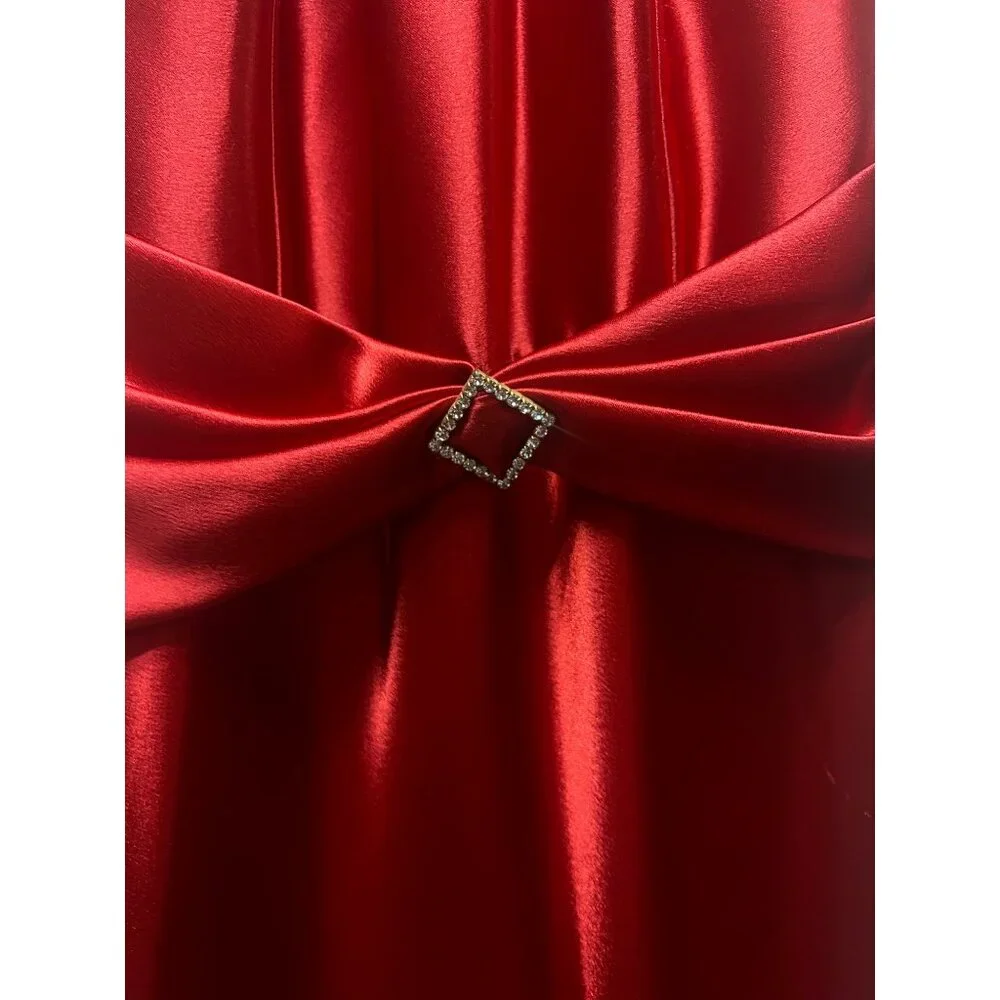 Jessica McClintock Gunne Sax Vintage 90's Red Satin Halter Evening Gown with Rhi - Picture 7 of 9